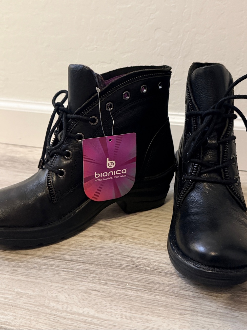 Bionica Black Lace-Up Leather Ankle Boots with Tag